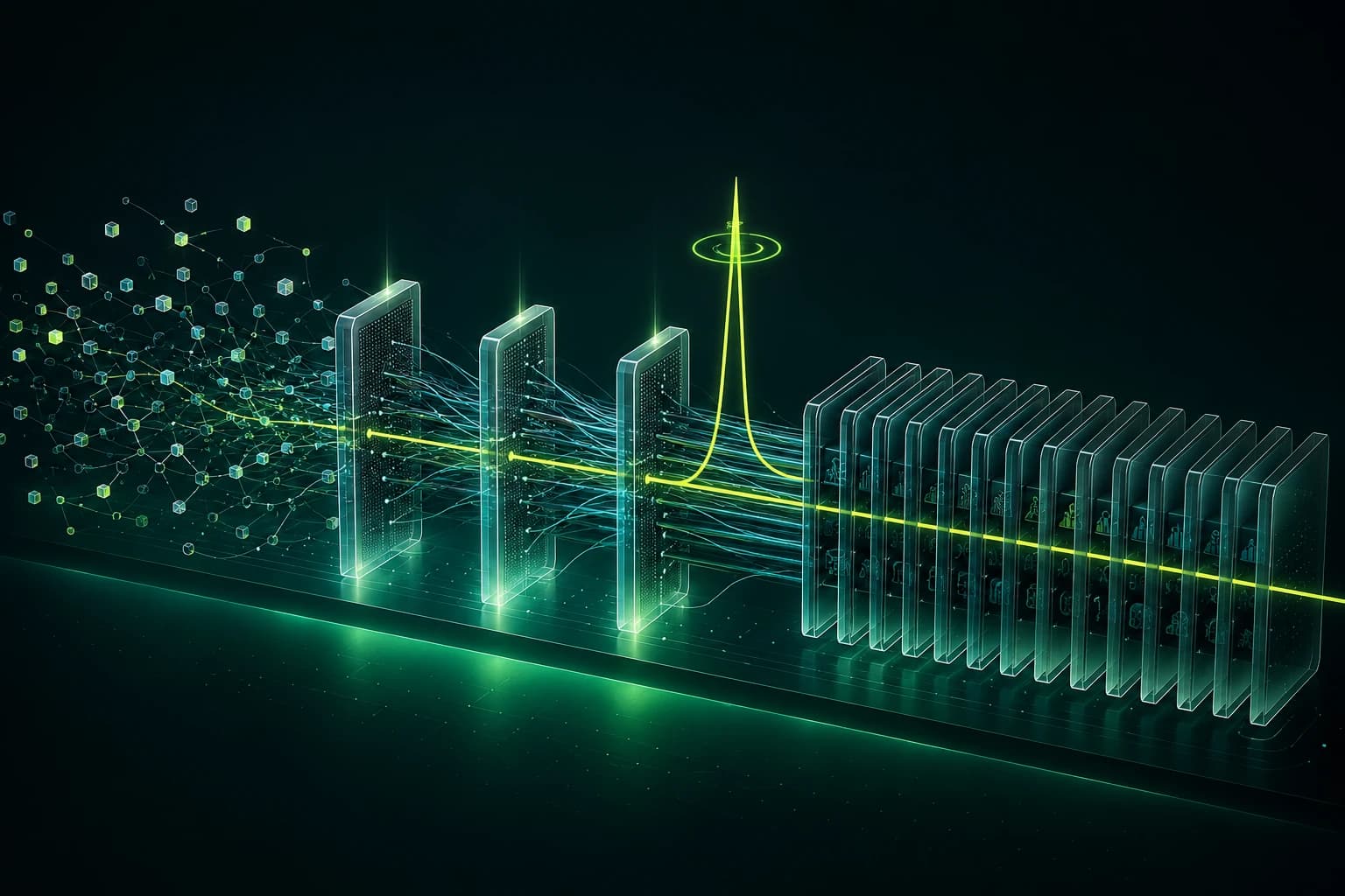 شظايا نماذج متناثرة تتقارب عبر ثلاث بوابات تقييم لتنتظم في كومة مرتّبة من الإصدارات المُطلقة، مع خطّ إشارة واحد بلون الليمون يرتفع في موضع رصد الانحراف