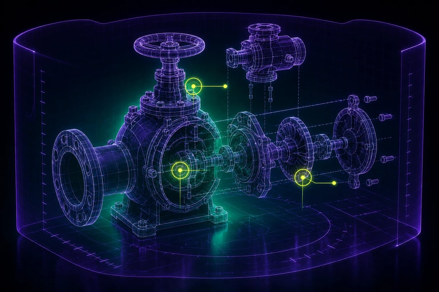 El montaje de una válvula industrial en wireframe mostrado despiezado dentro del volumen de formación holográfico de unas gafas, con tres puntos de fallo rodeados en lima